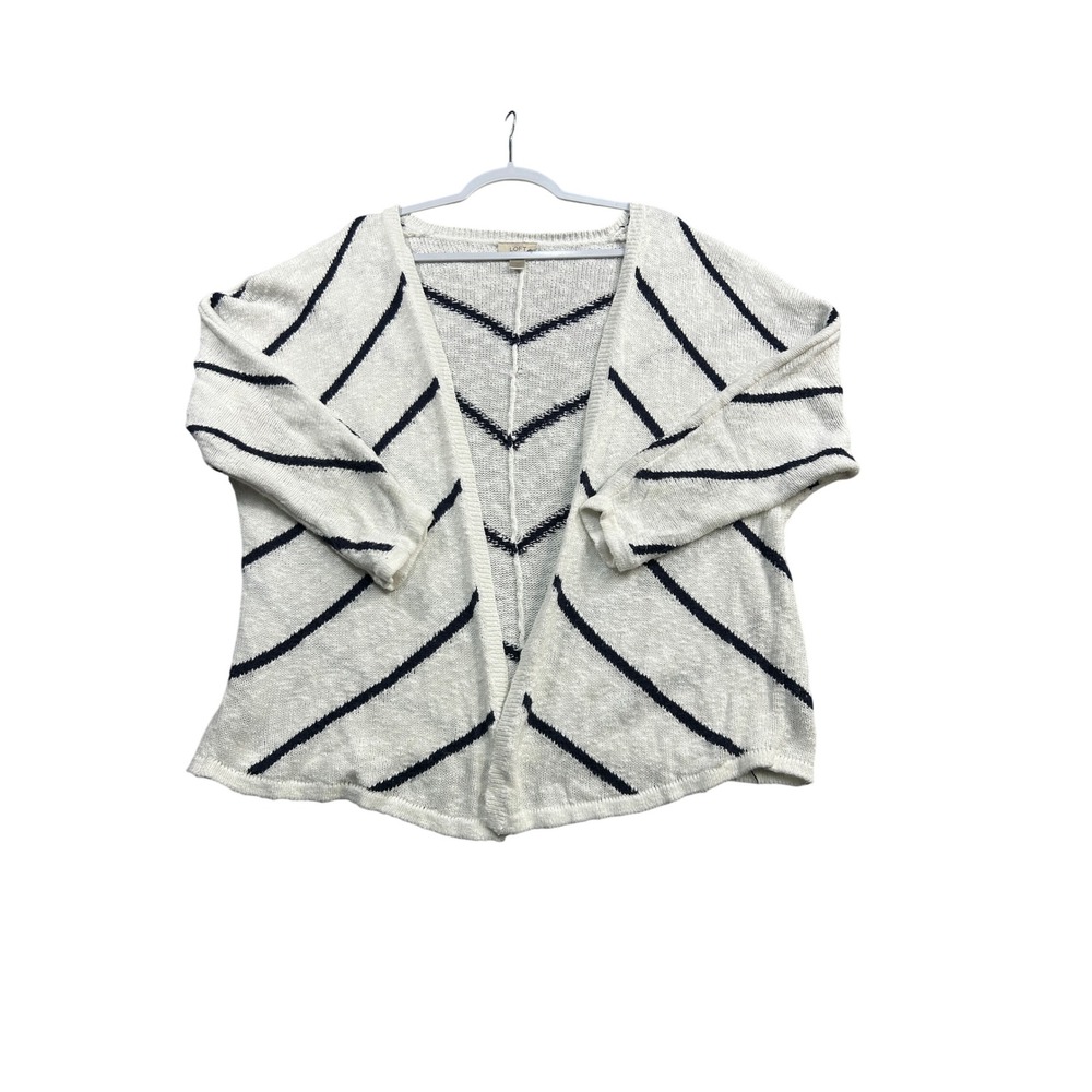 LOFT Women's Large Open Front Cardigan Sweater White Navy Stripe Knit